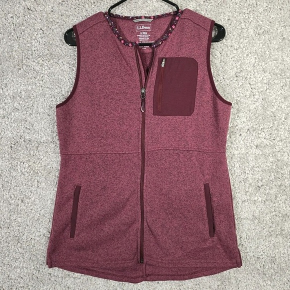 LL Bean Sweater Fleece Vest Women Small‎ Regular Purple Floral Trim Full Zip